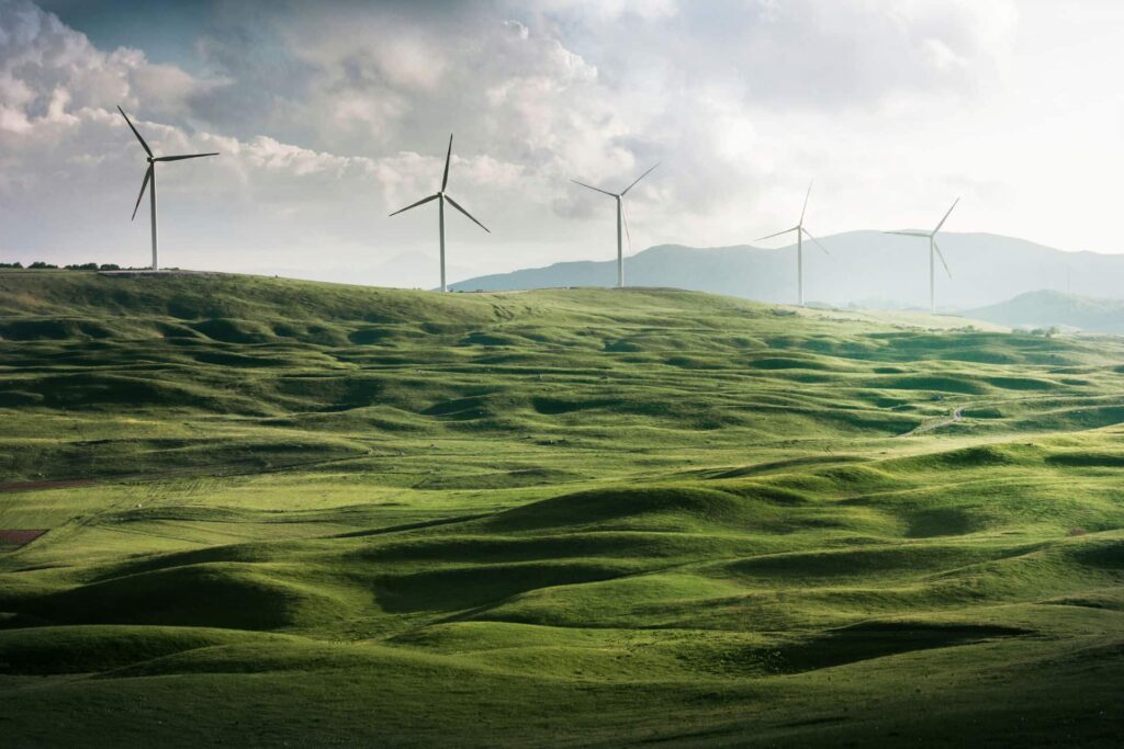 wind turbines behind green field